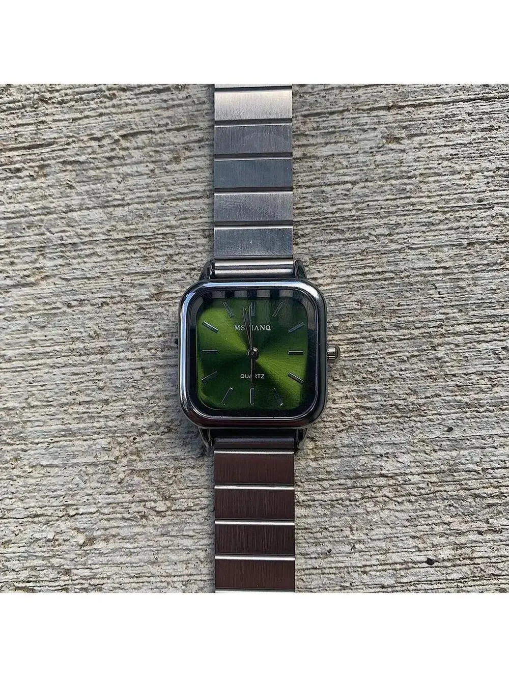 Green Face Stainless silver square watch. Classy sporty style watch. Stainless